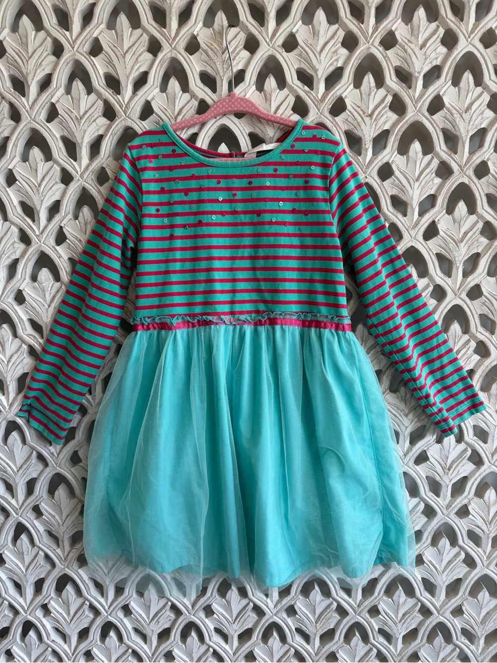 Beebay Girls 5-6 Teal Pink Striped Tulle Dress Sparkle